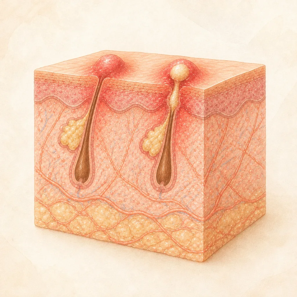 Skin cross-section showing an inflamed papule and a pus-filled pustule
