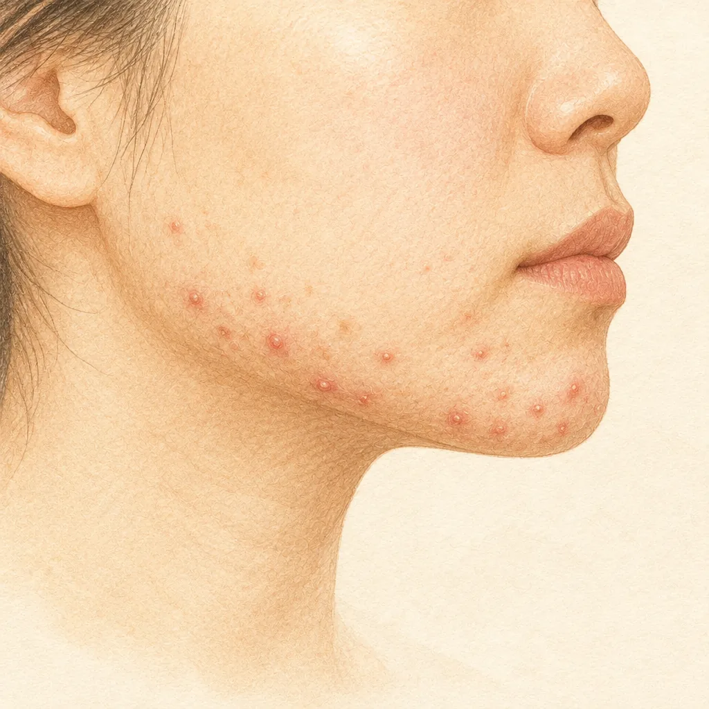 Lower face of an adult woman with recurring acne spots and marks along the jawline and chin