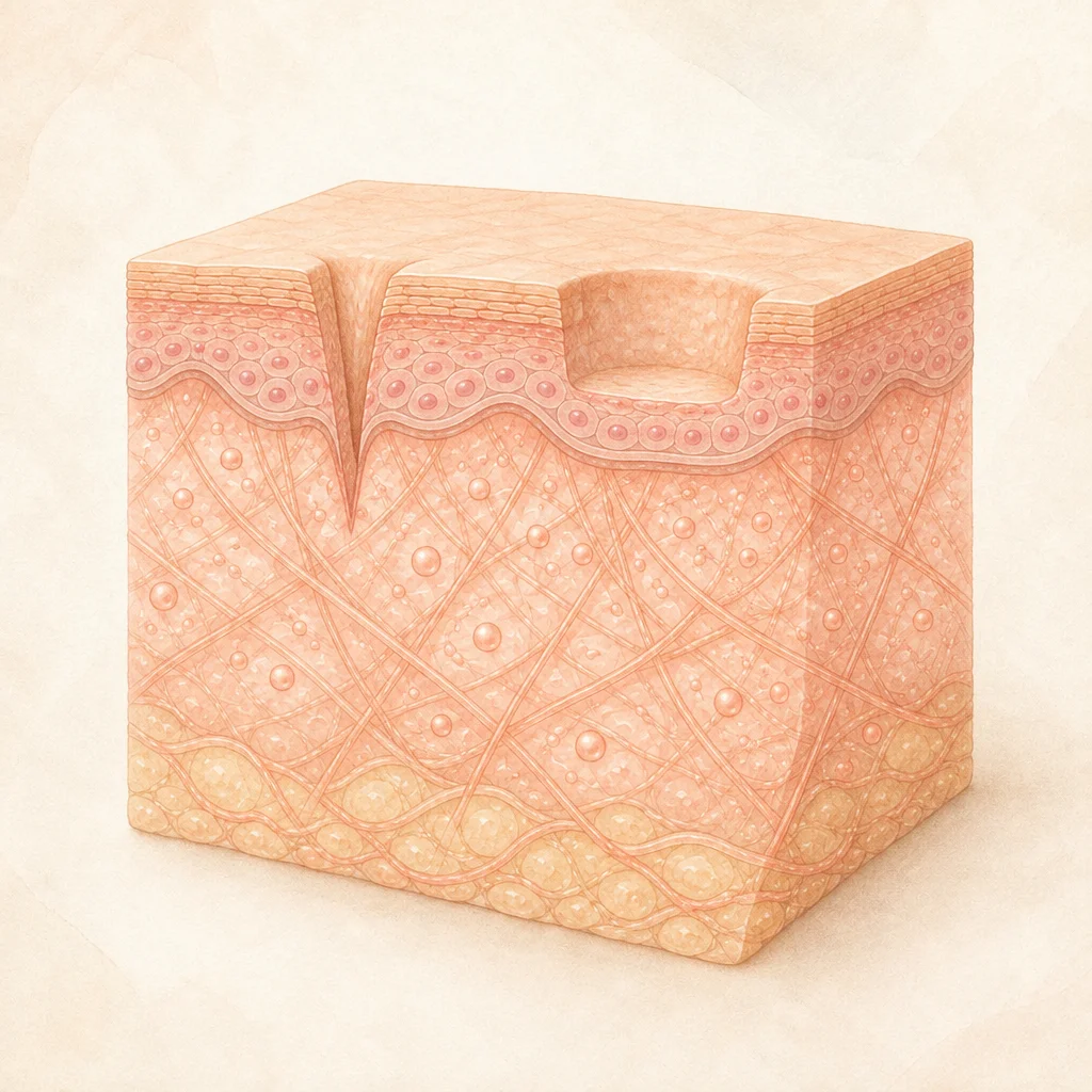 Illustration of a block of skin with a narrow, deep ice pick scar and a wider, flat-bottomed boxcar scar