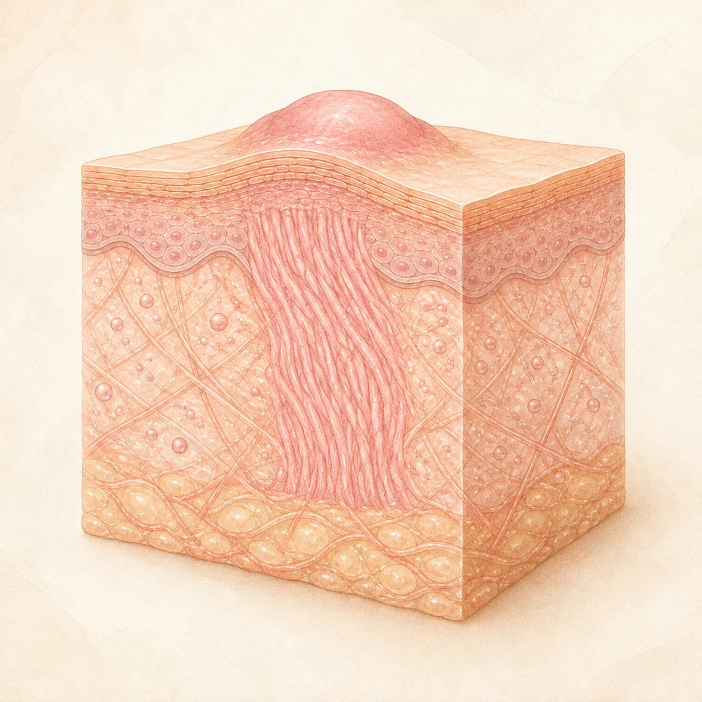 Illustration of a raised scar above the skin surface, with dense collagen fibres beneath