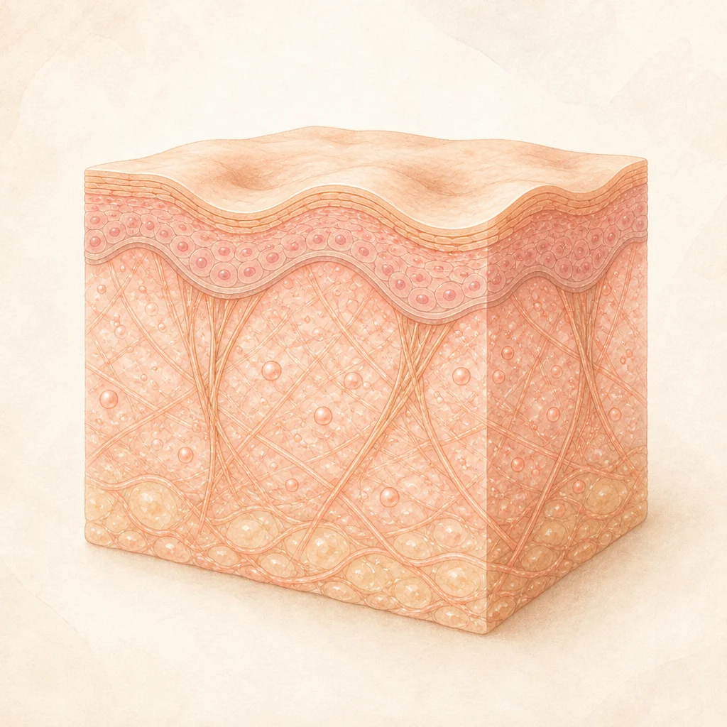 Illustration of a block of skin with an uneven, wave-like surface from scarring