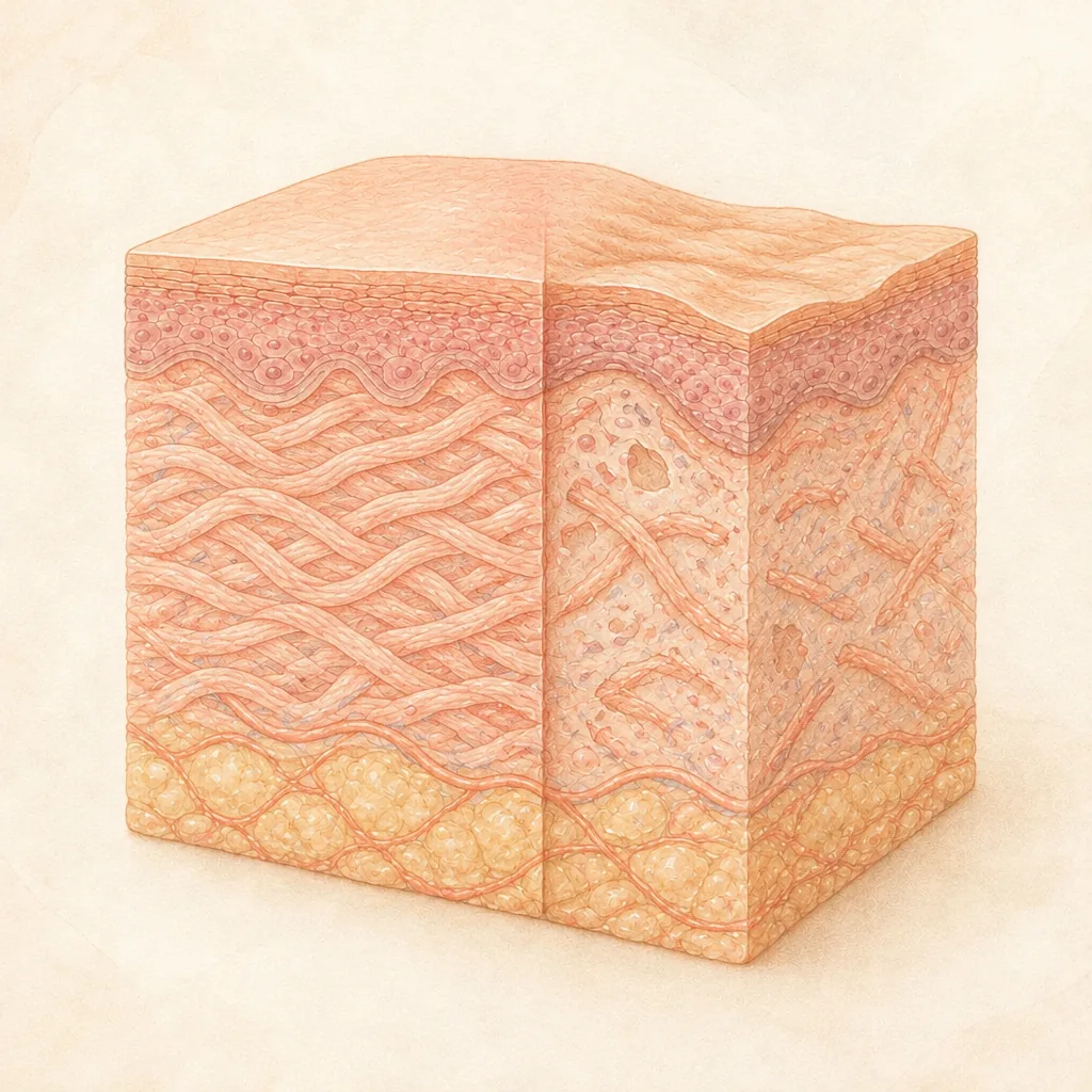 Skin cross-section comparing dense young collagen with thinner, fragmented collagen in older skin
