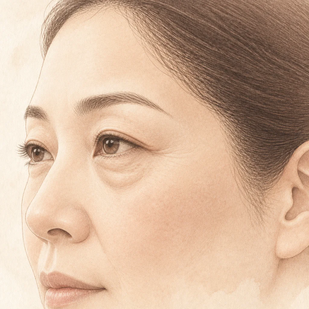 Illustration of loosened under-eye skin with fine creases and a deeper shadow below the eye
