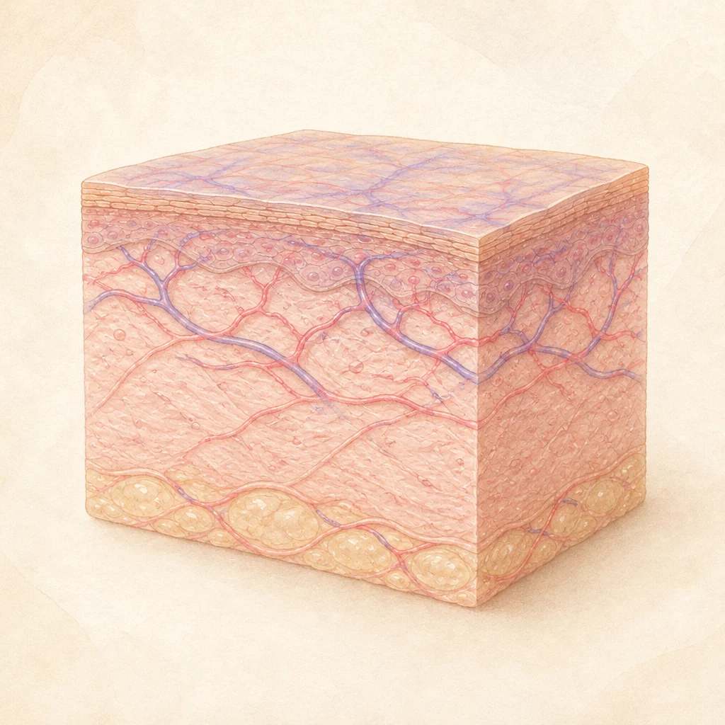Illustration of thin under-eye skin with small bluish veins showing through the surface