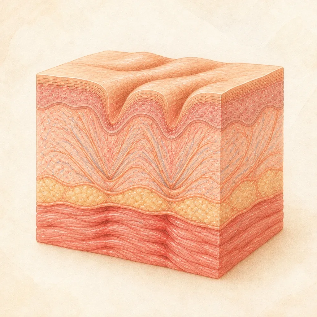 Skin cross-section showing forehead lines forming as the muscle beneath contracts