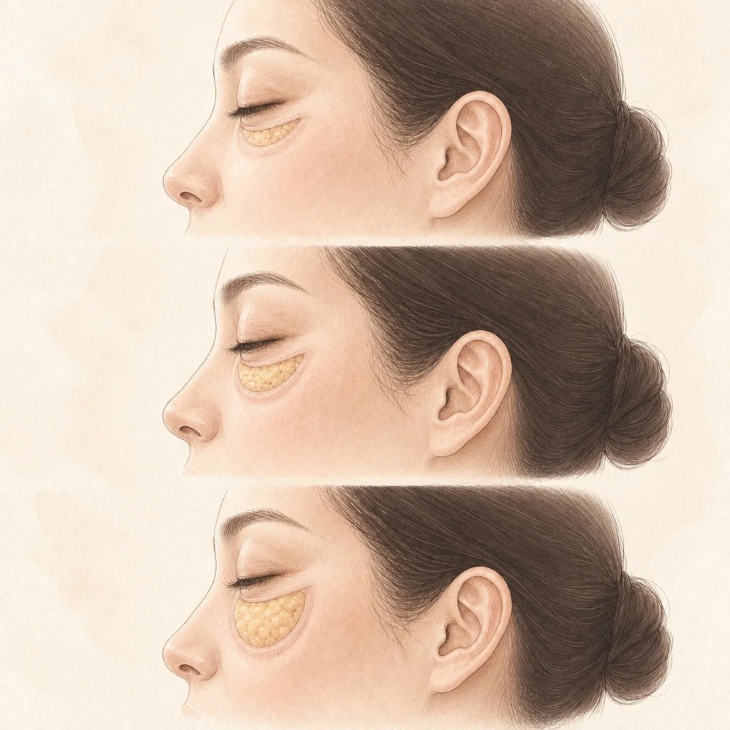 Illustration of three side profiles with a small, medium and large fat pad bulging under the lower eyelid