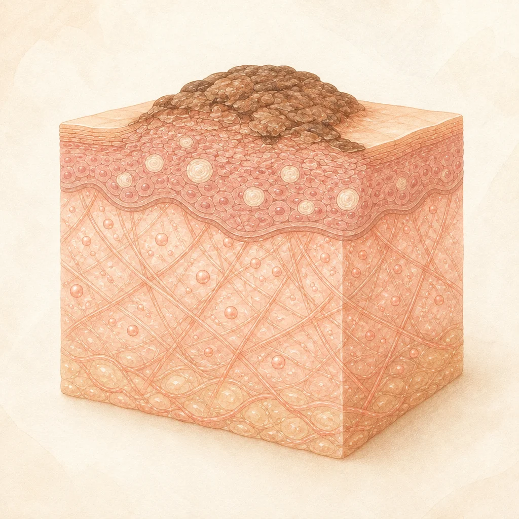 Illustration of a raised, rough, waxy brown growth sitting on top of the skin