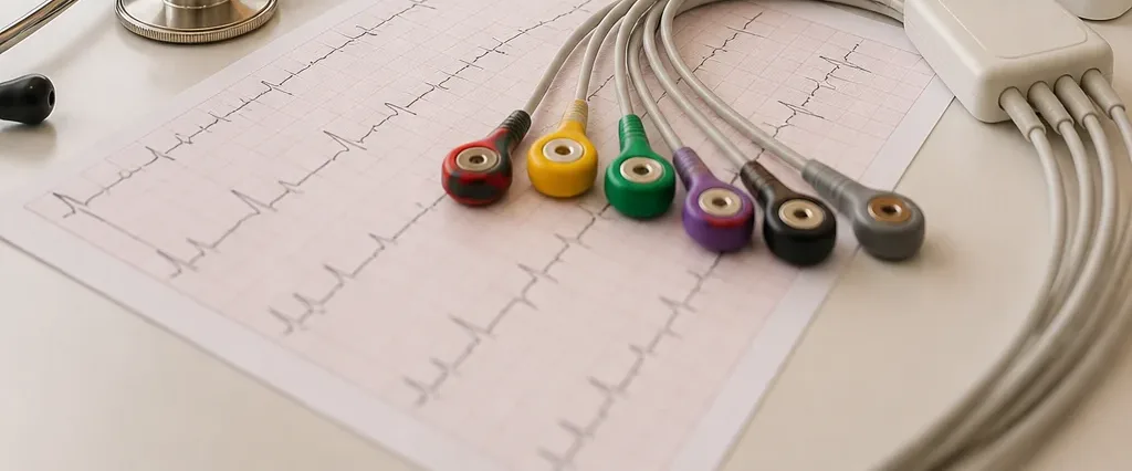 ECG tracing with the coloured electrode leads used for a 12-lead ECG