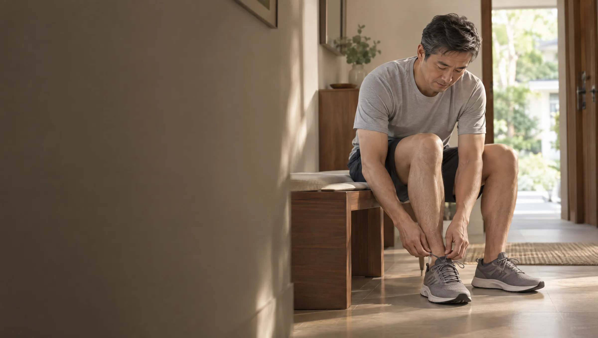 A man in his fifties tying his running shoes at home in the morning light