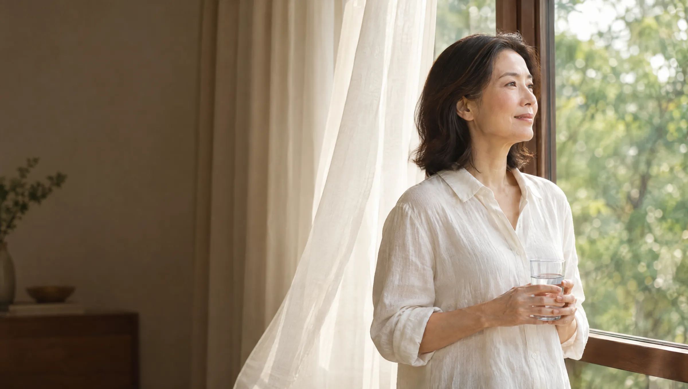 A woman in her early fifties relaxing by an open window in a linen shirt