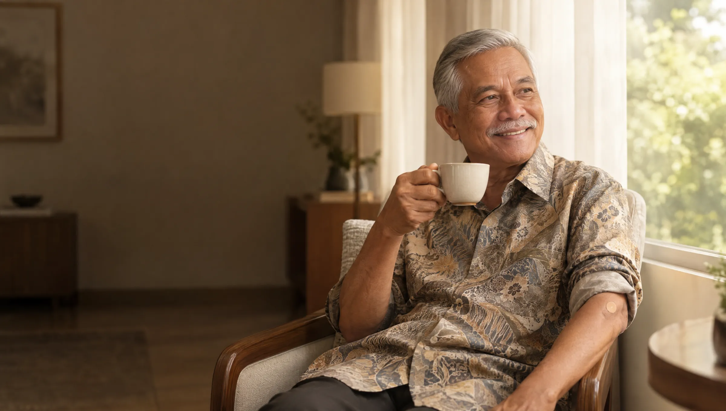 An older man with a cup of tea by a window, a small plaster on his arm after a blood test