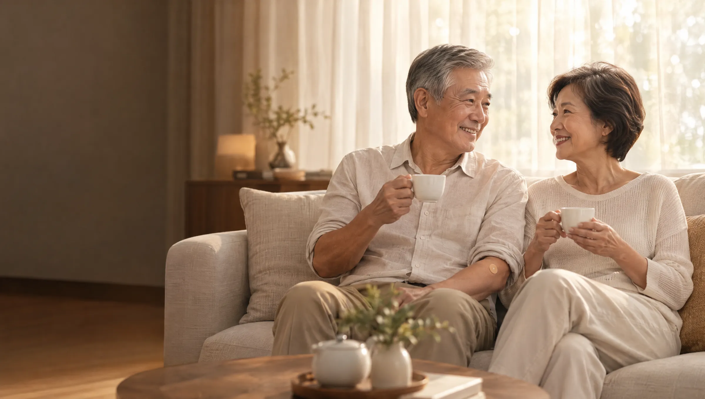 An older couple sharing tea on a sofa in a sunlit living room
