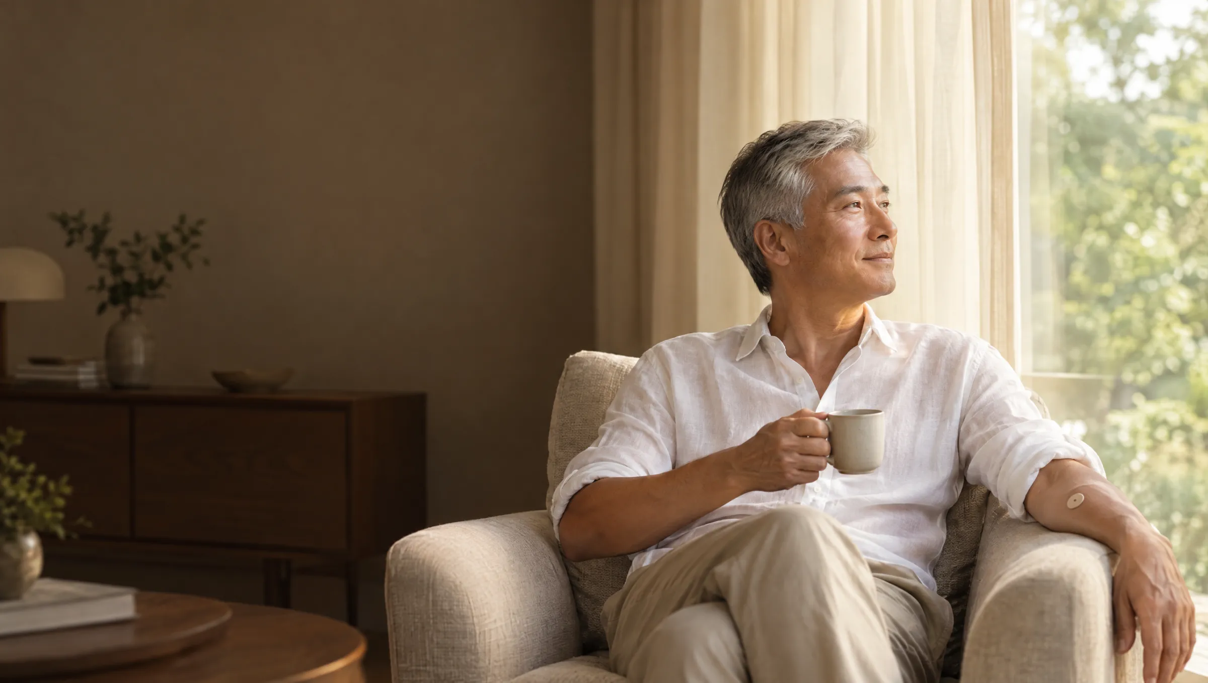 A man in his mid-fifties with silver hair, resting by a window with a coffee, a small plaster on his arm