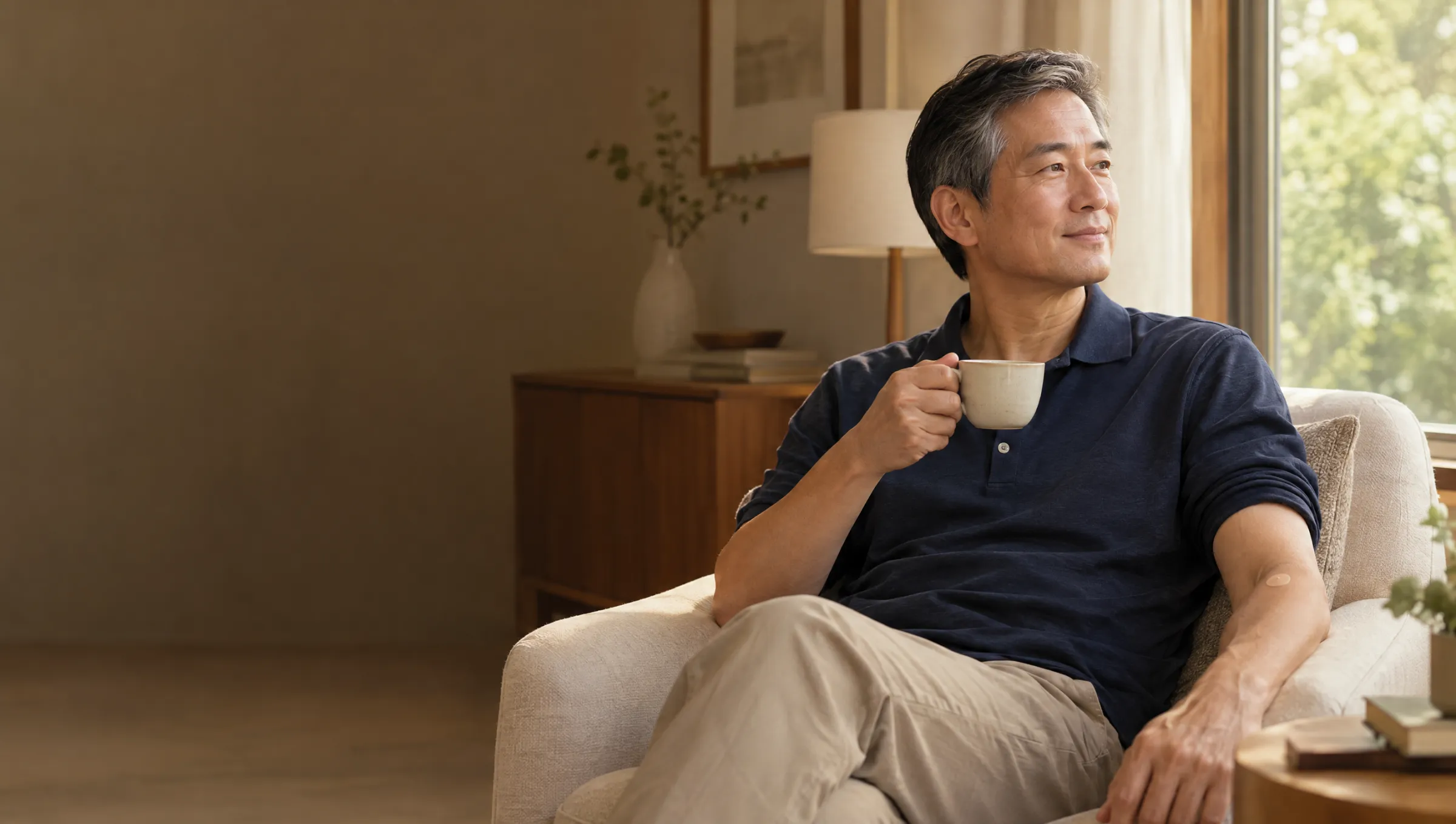 A man in his fifties by a window with a cup of tea, a small plaster on his arm after a blood test