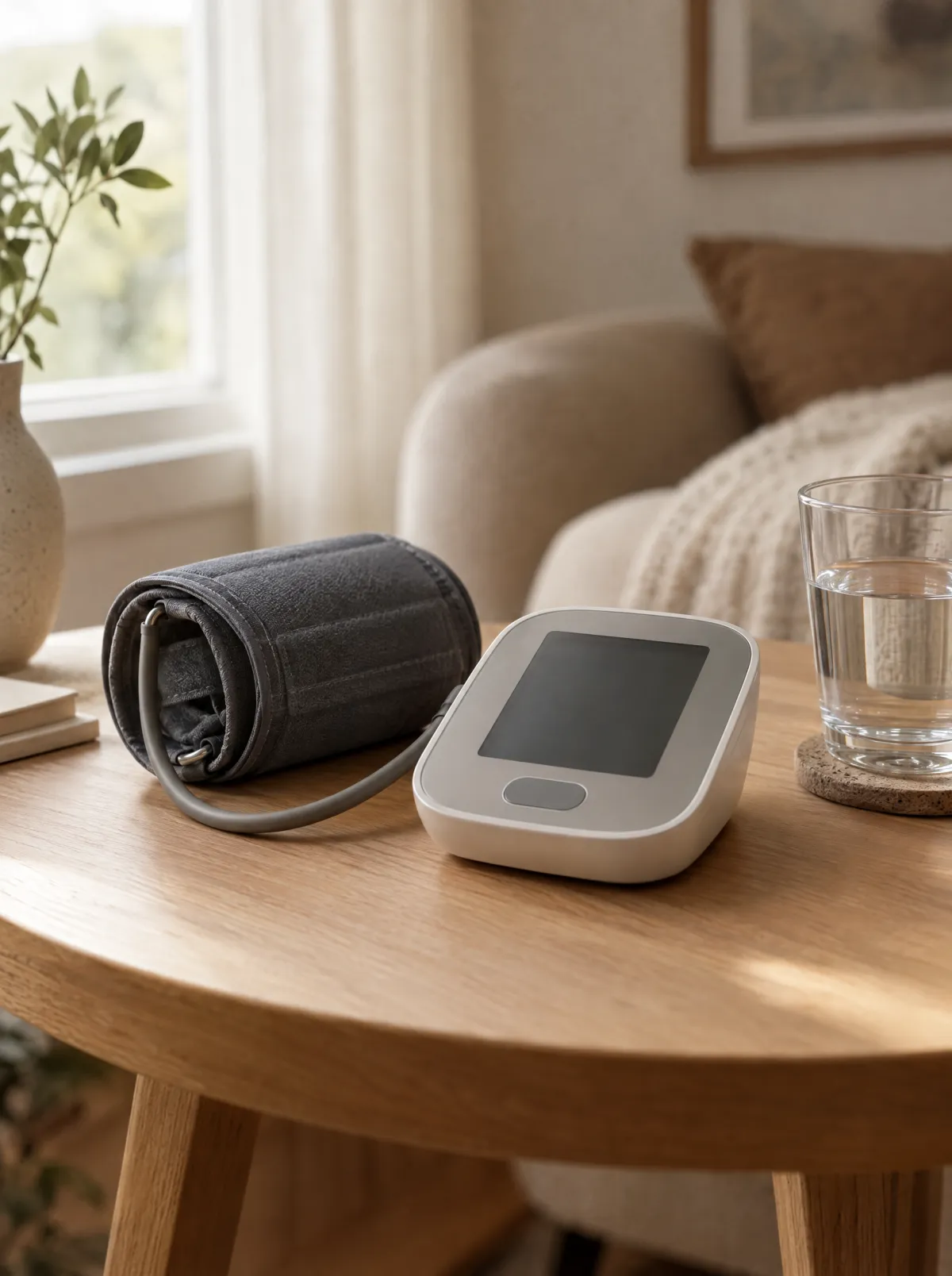 A home blood pressure monitor and cuff on a side table