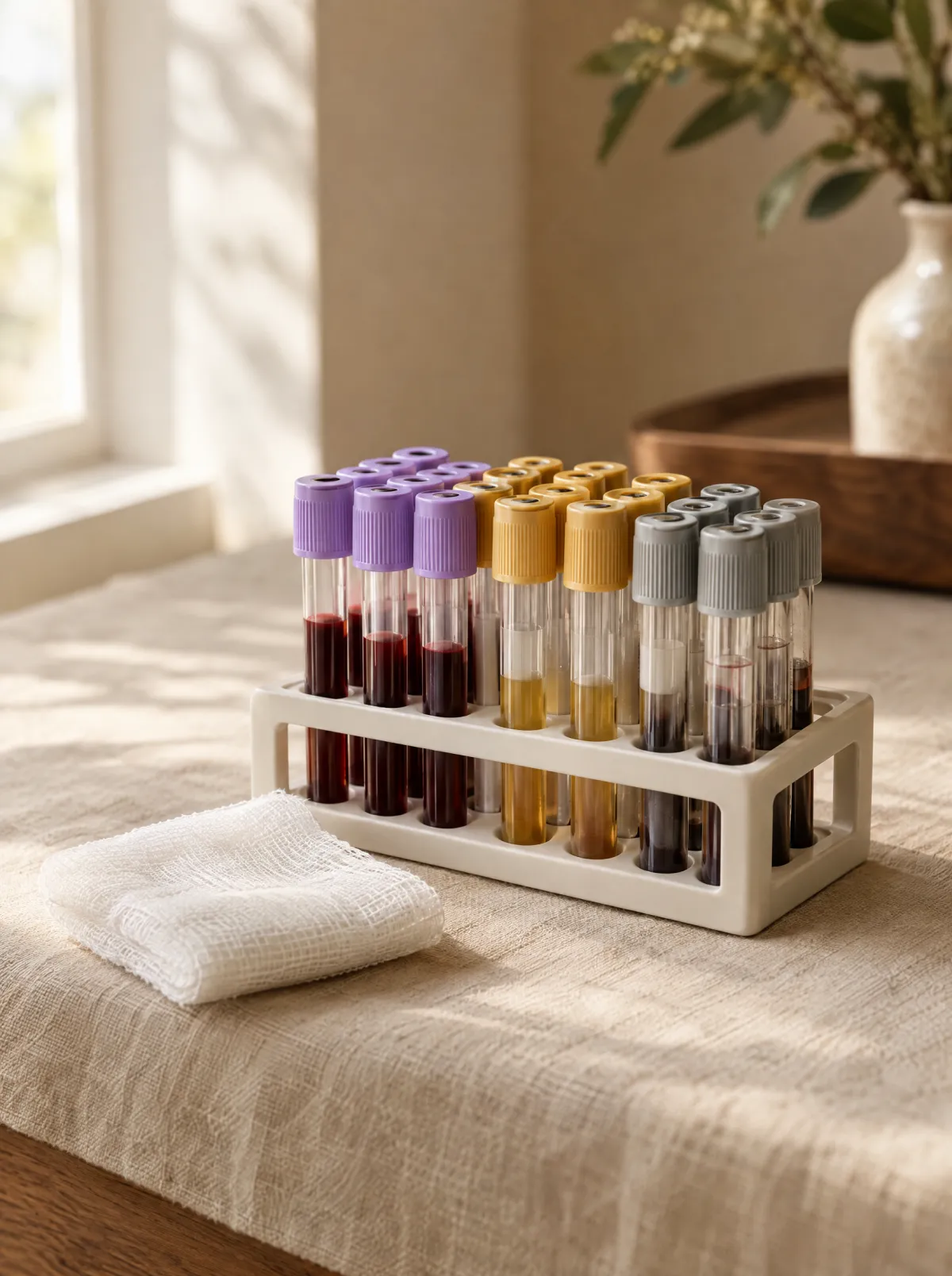 Blood collection tubes in a rack beside a gauze pad