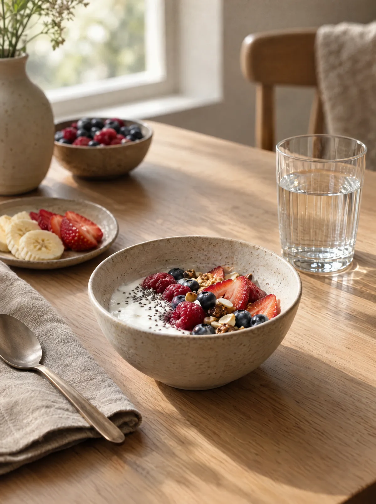 A bowl of yoghurt and berries with a glass of water on a breakfast table