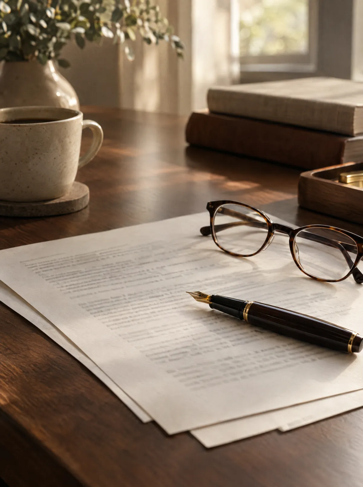 Papers, a fountain pen and reading glasses on a desk