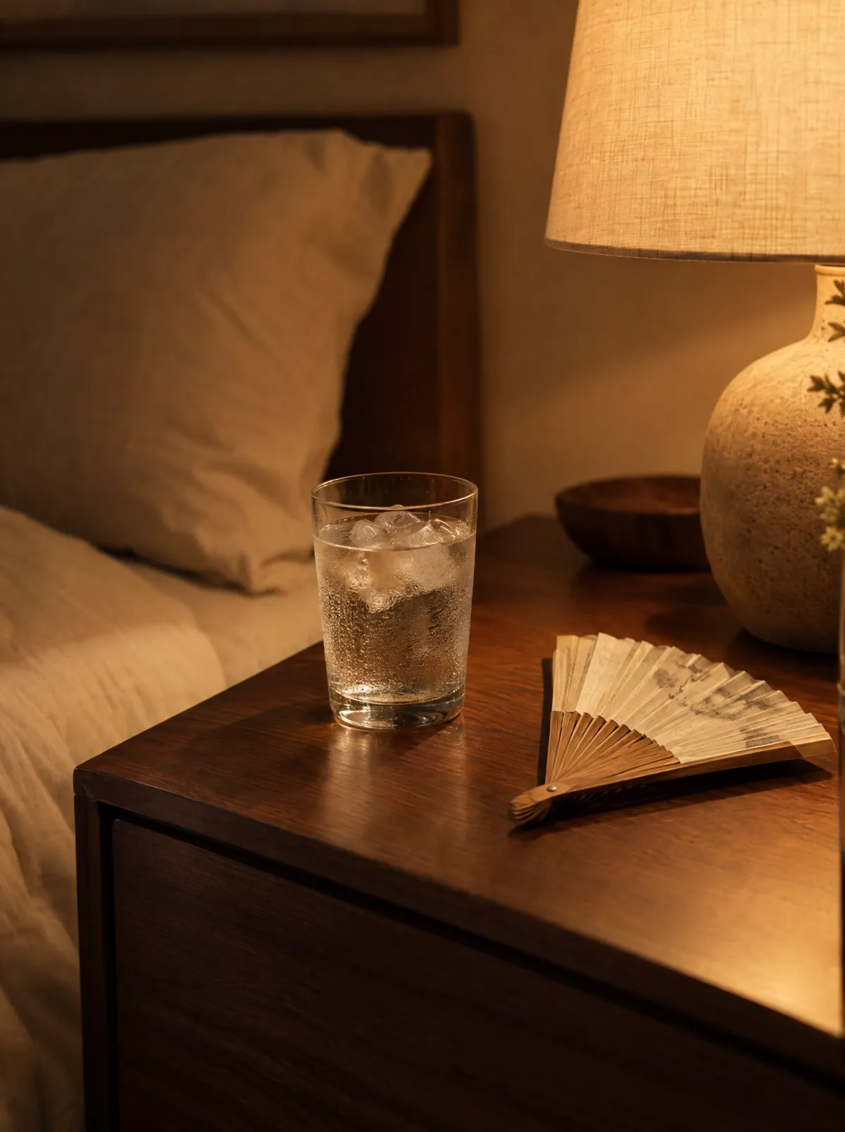 A glass of iced water and a hand fan on a bedside table at night