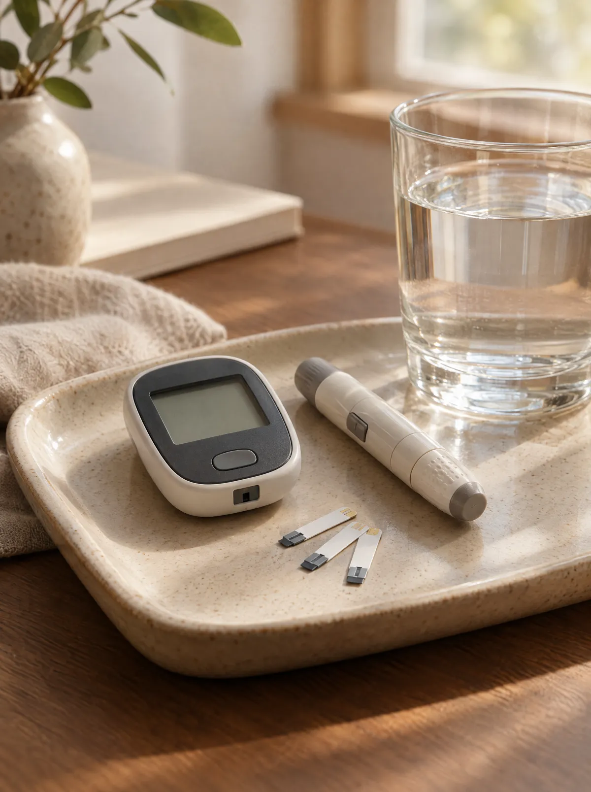 A blood glucose meter, lancet pen and test strips on a tray