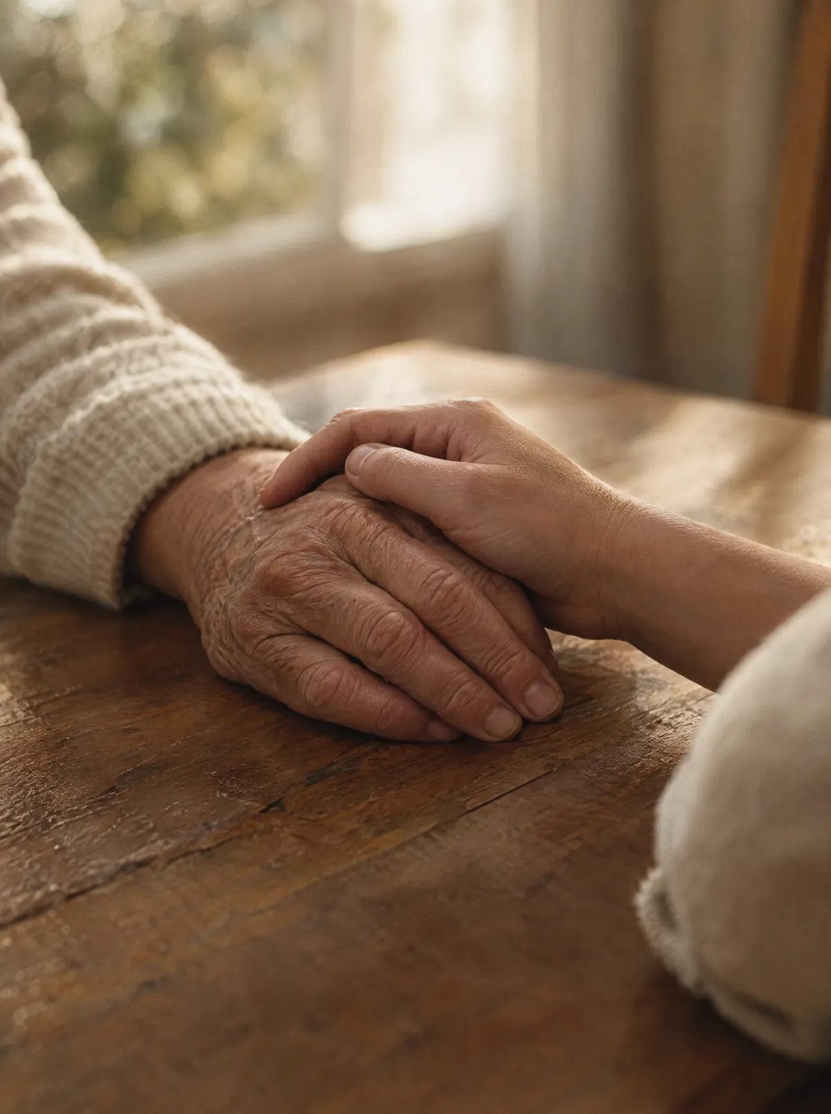 A younger hand resting on an older person's hand
