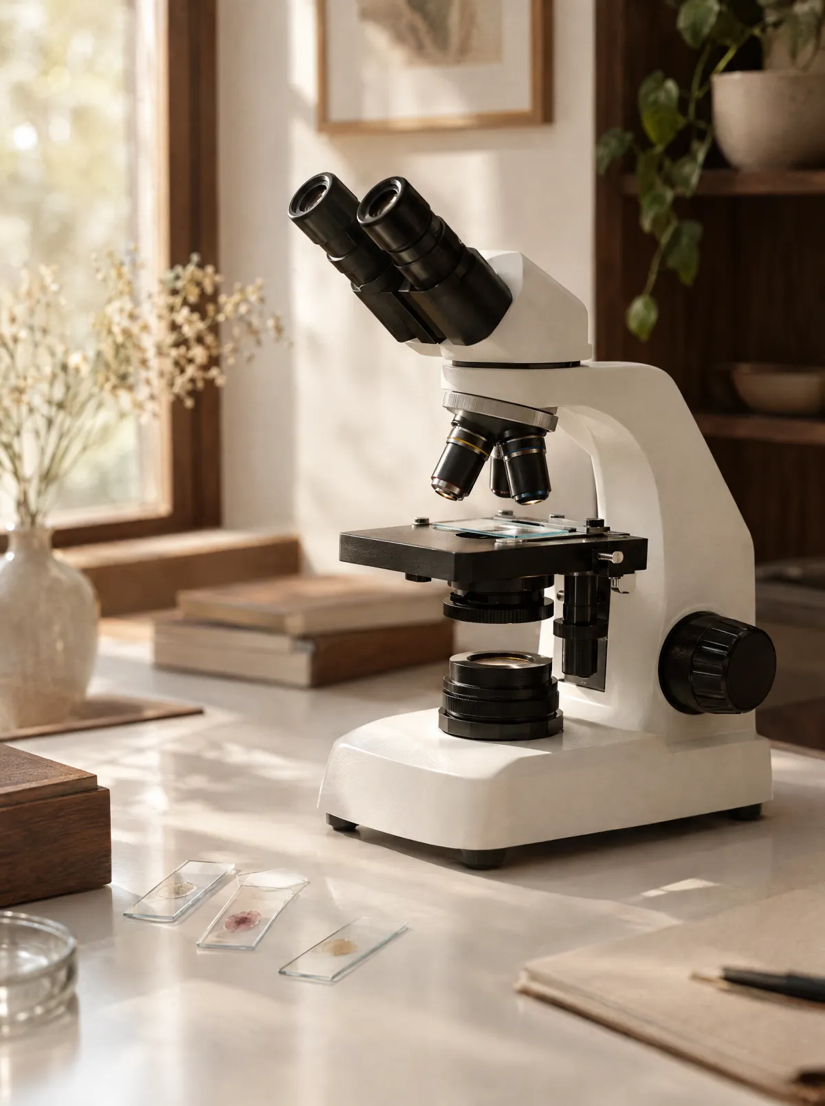A microscope with glass slides on a laboratory bench