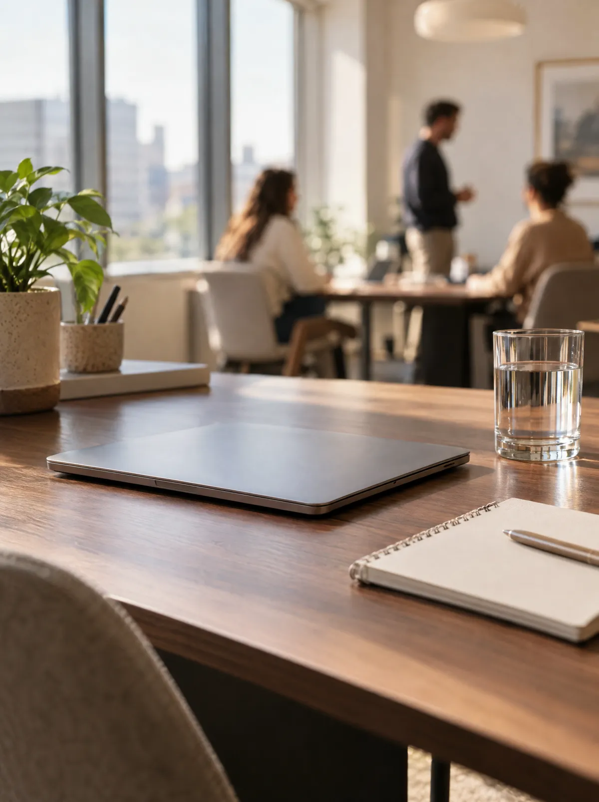 An office desk with a closed laptop and a notebook, with colleagues talking in the background