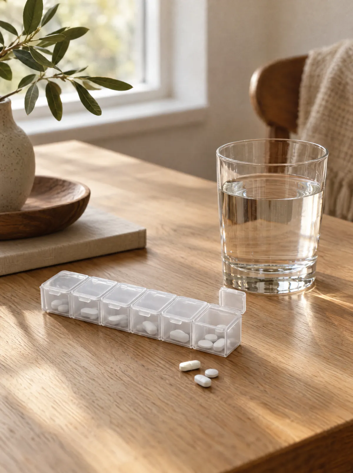 A weekly pill organiser beside a glass of water