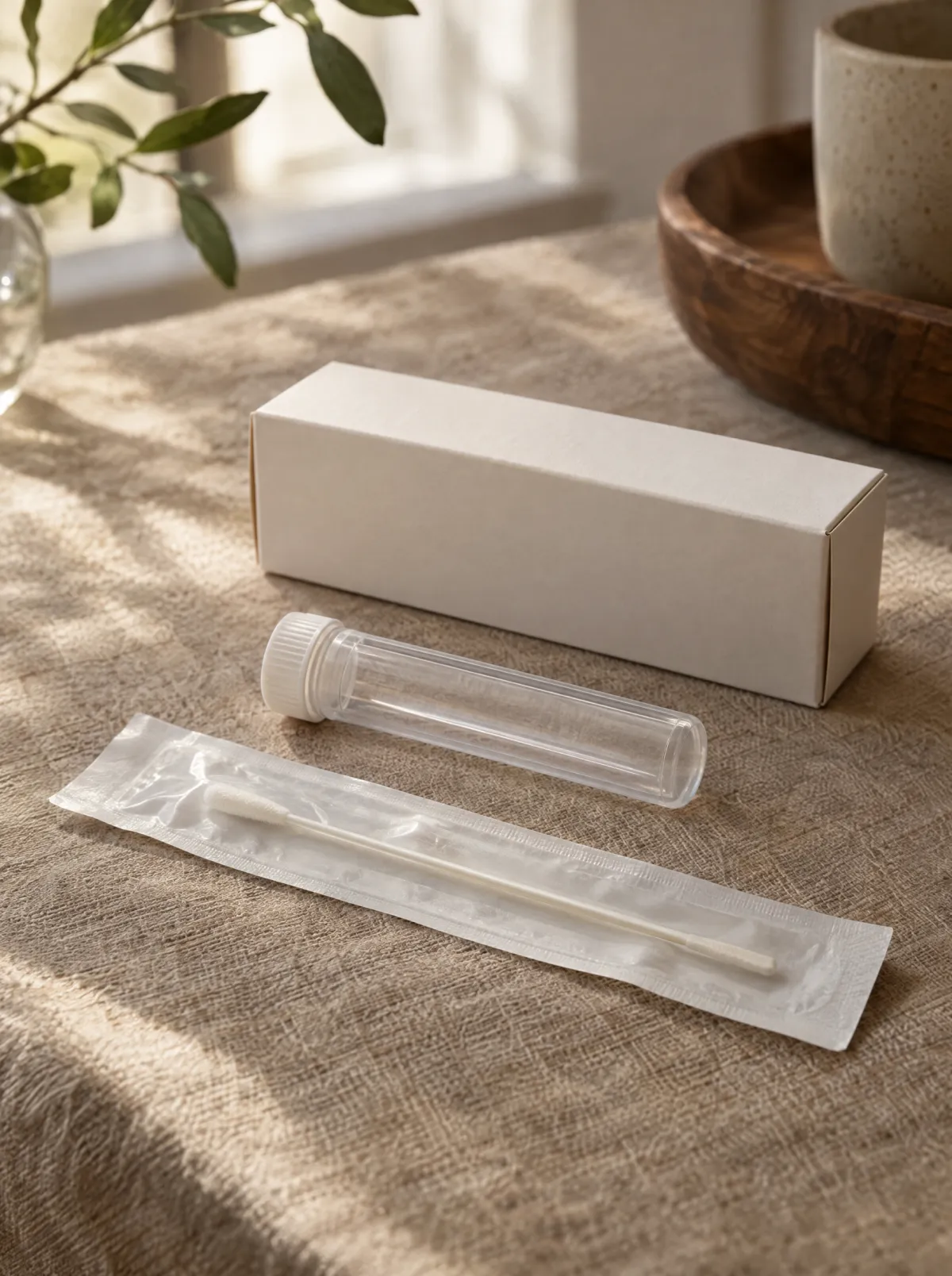 A swab and a sample tube from a small collection kit