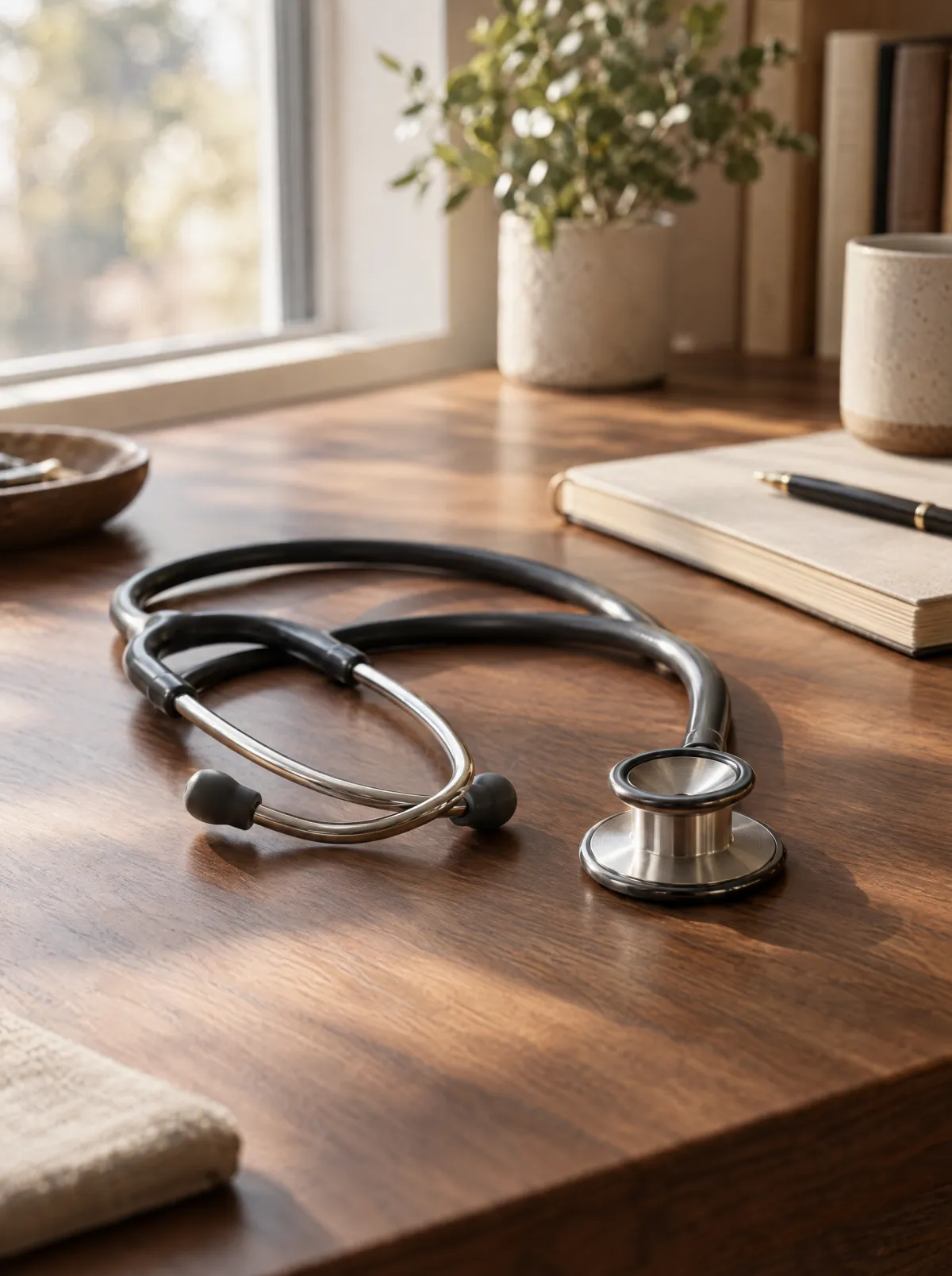 A stethoscope on a wooden desk beside a notebook