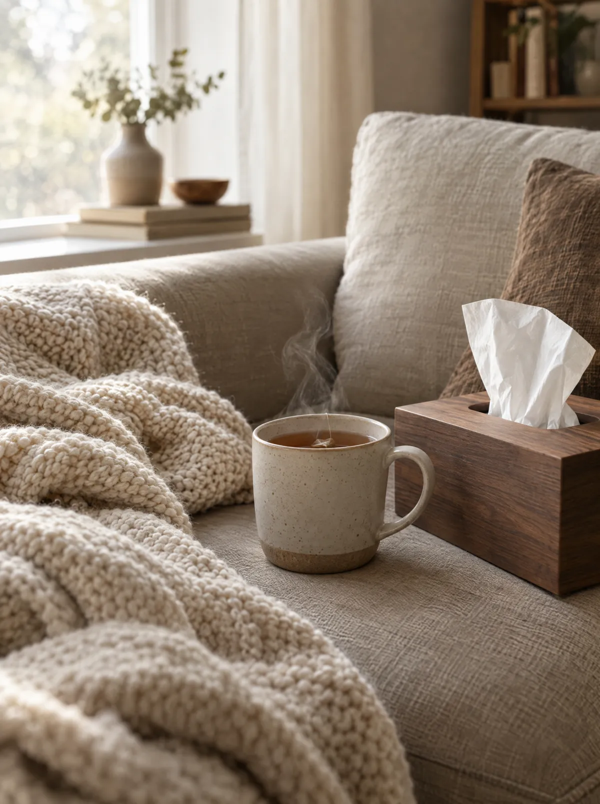 A cup of tea, a box of tissues and a knitted blanket on a sofa