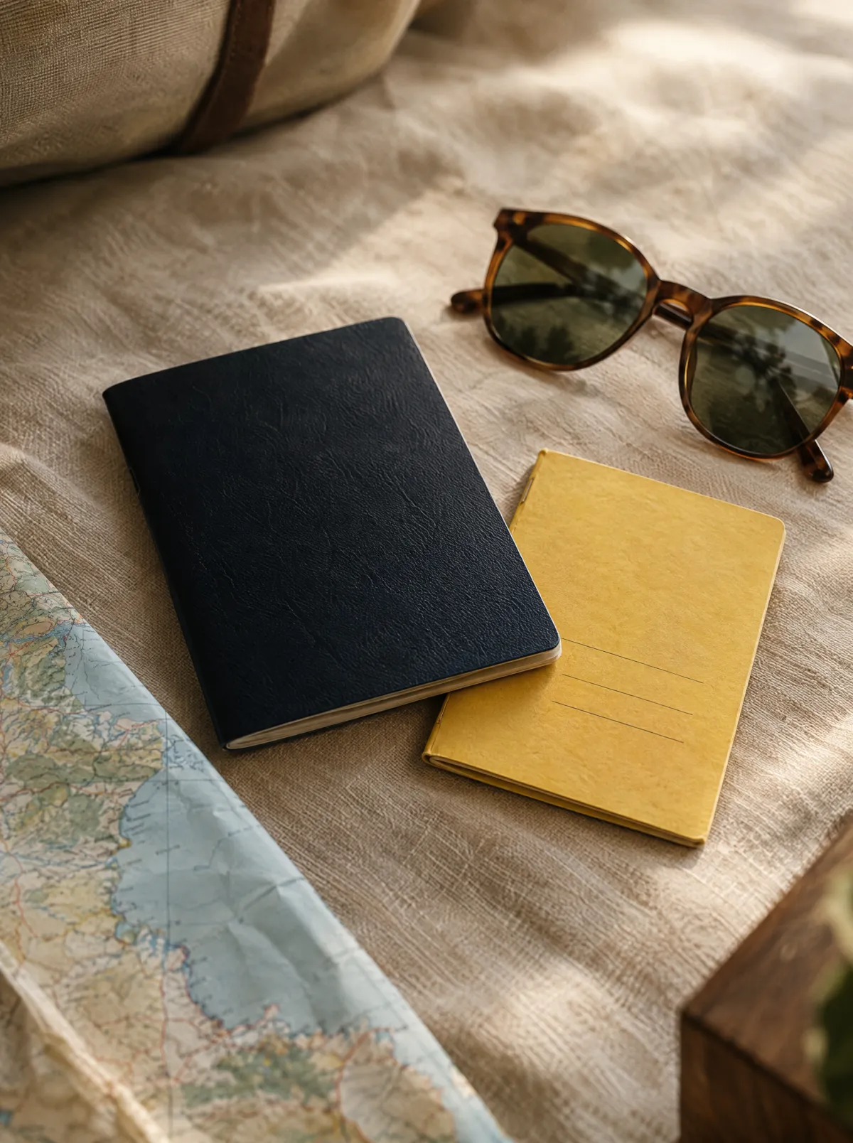 A passport, a yellow vaccination booklet, sunglasses and a map