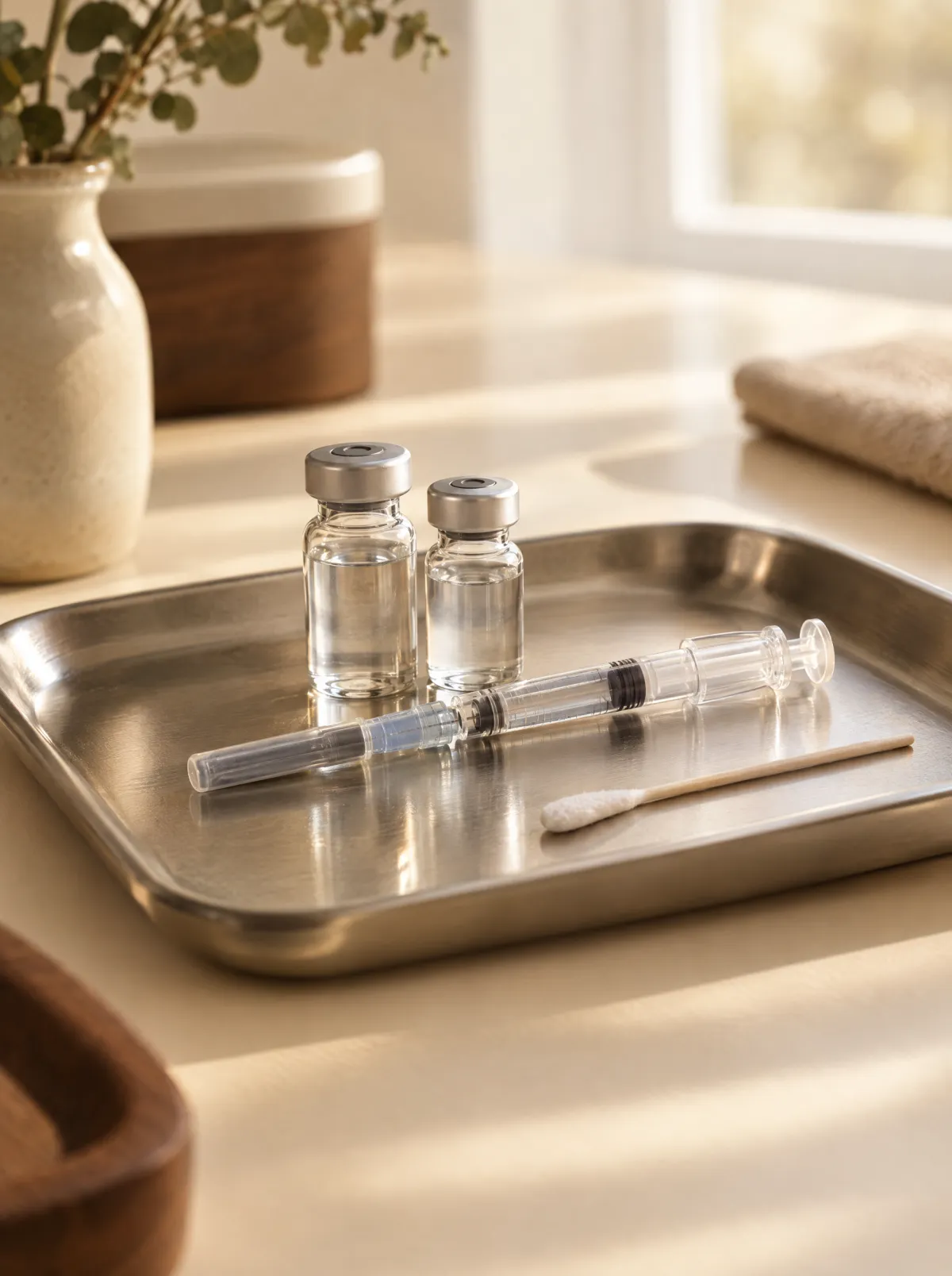 Two vaccine vials, a syringe and a swab on a steel tray