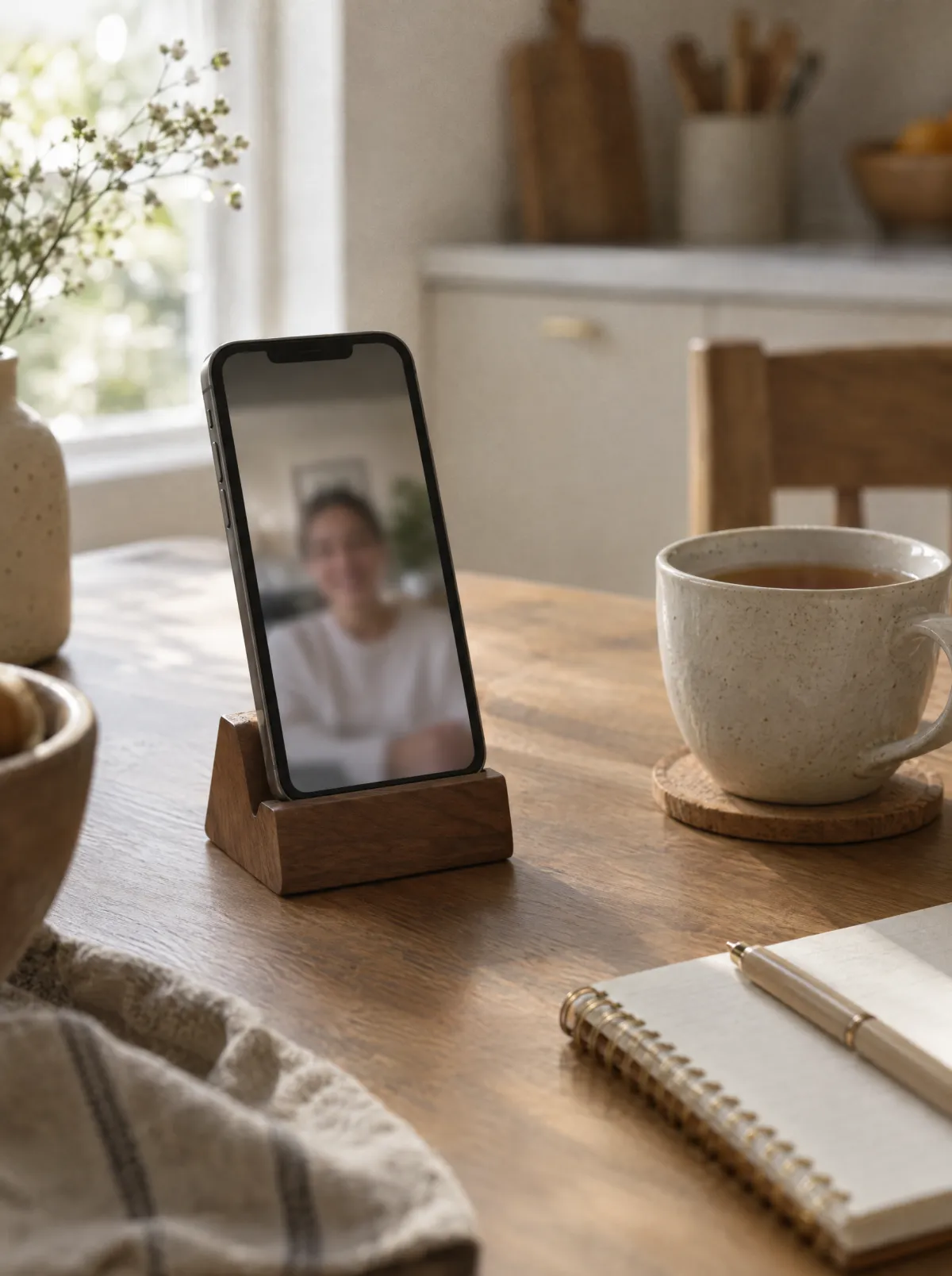 A phone on a stand showing a video call, beside a cup of tea on a kitchen table
