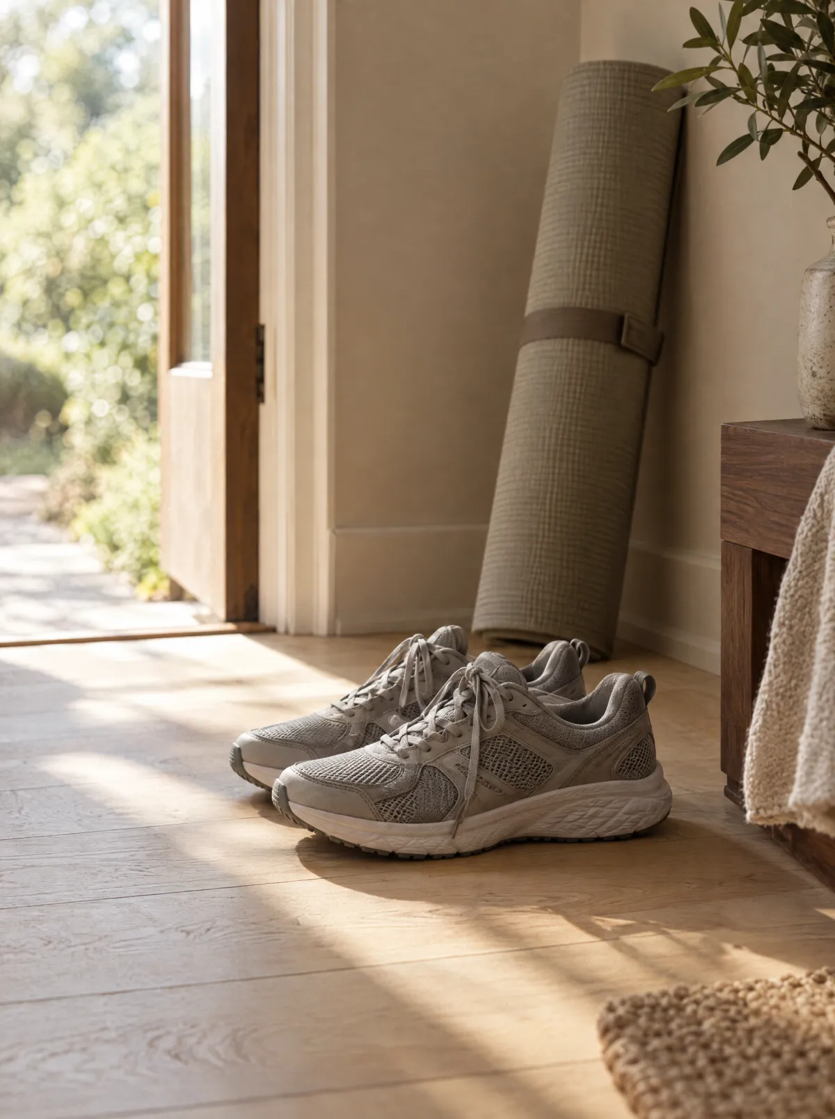 Walking shoes and a rolled exercise mat by an open door in morning light