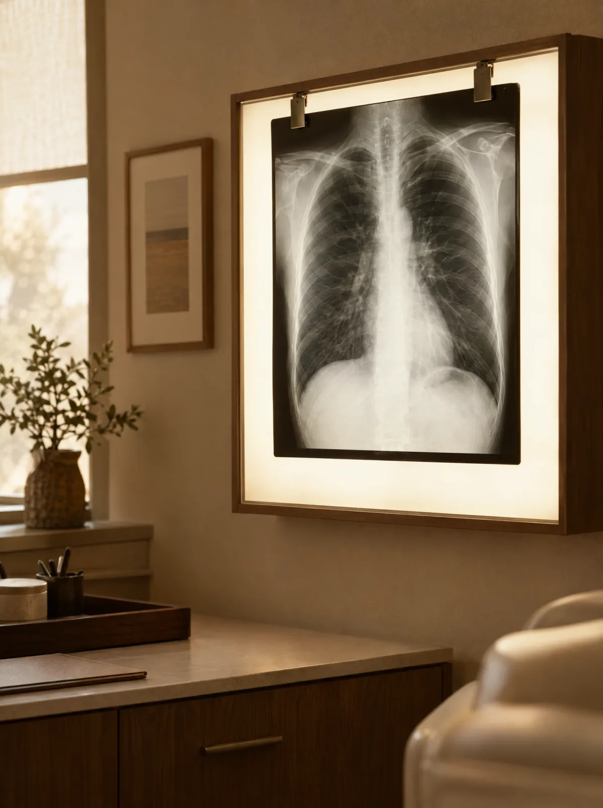 A chest X-ray film on a lightbox