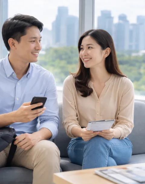 Two adults discussing health screening in a waiting area