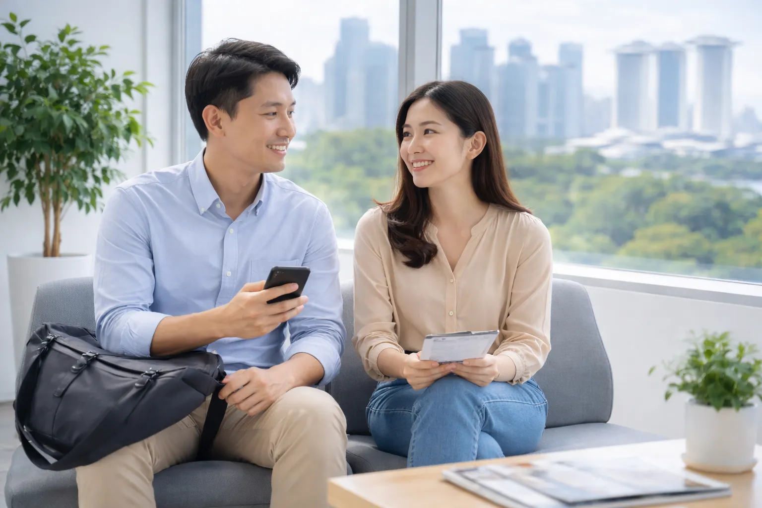 Two adults discussing health screening in a waiting area