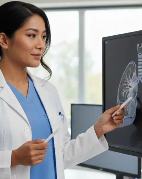 Clinician pointing to a lung illustration on a monitor