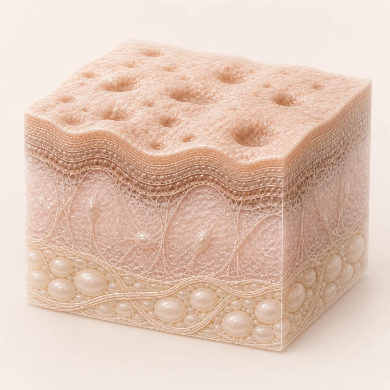 Illustration of a block of skin with an uneven, pitted surface