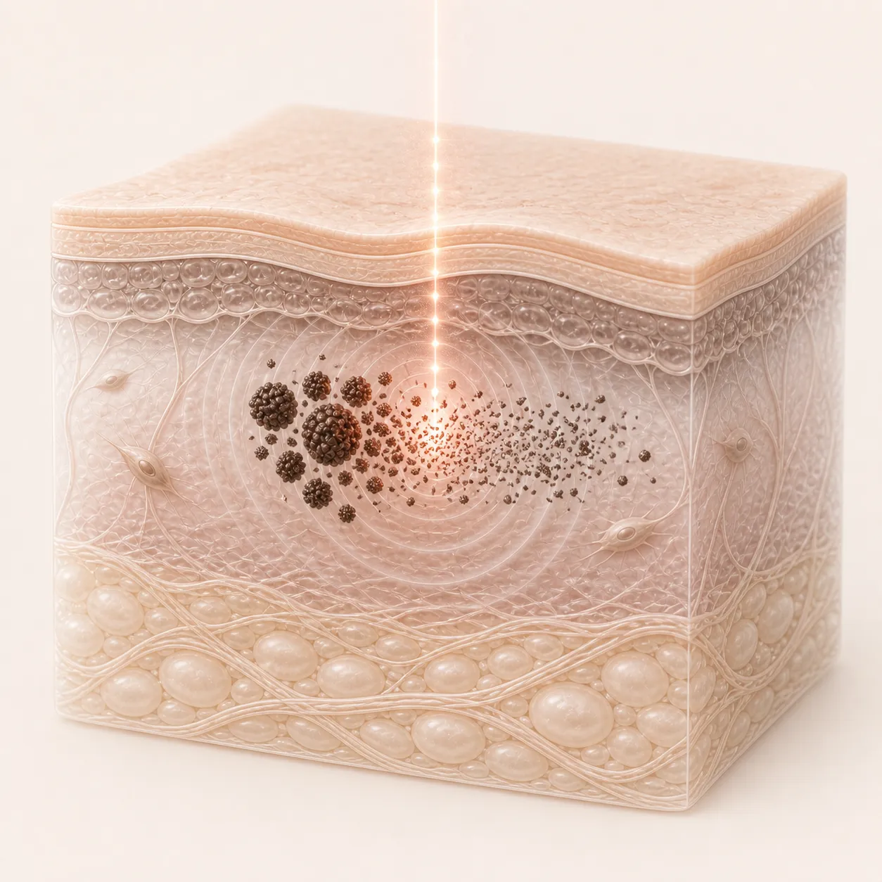 Illustration of a laser beam fragmenting dark ink particles within the skin