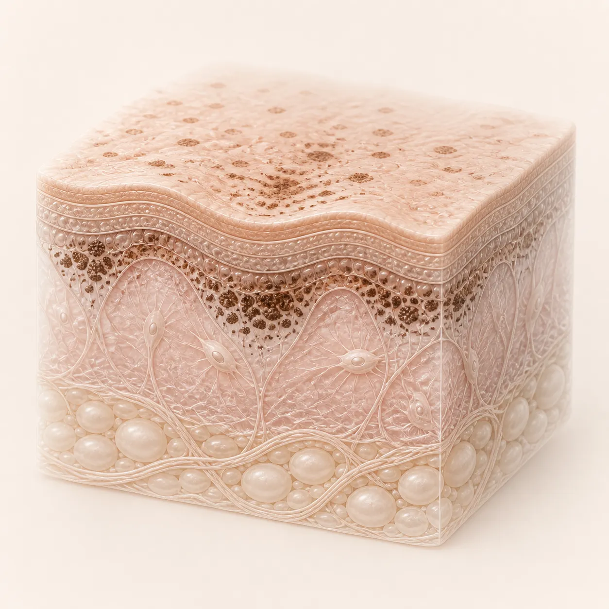 Illustration of a block of skin with brown pigment in its upper layers