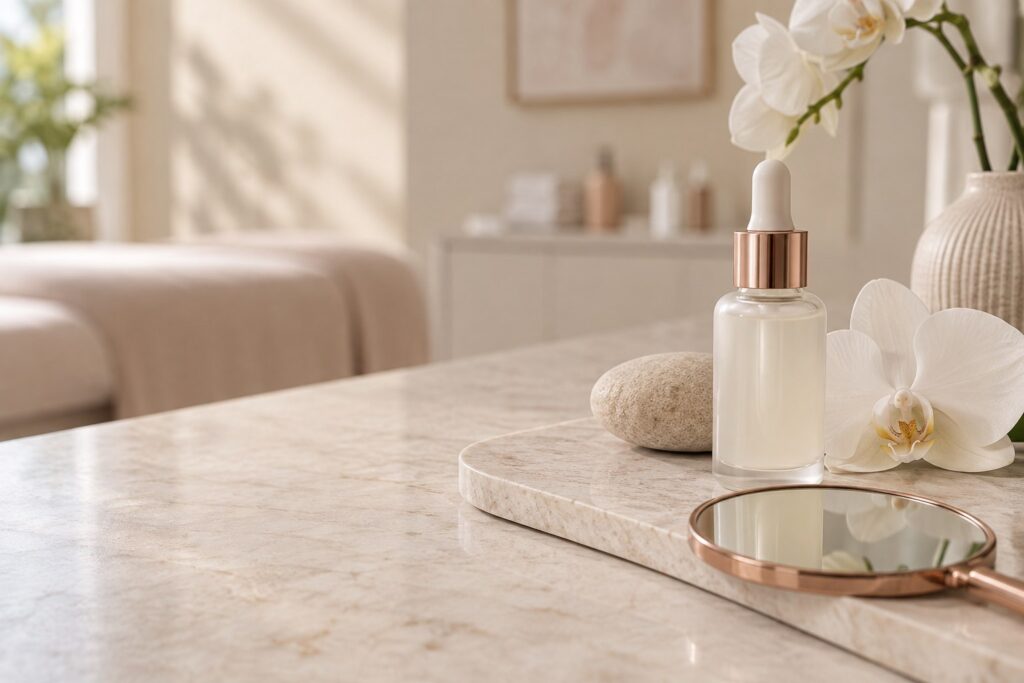 Unlabelled skincare bottle, mirror and orchid in a clinic