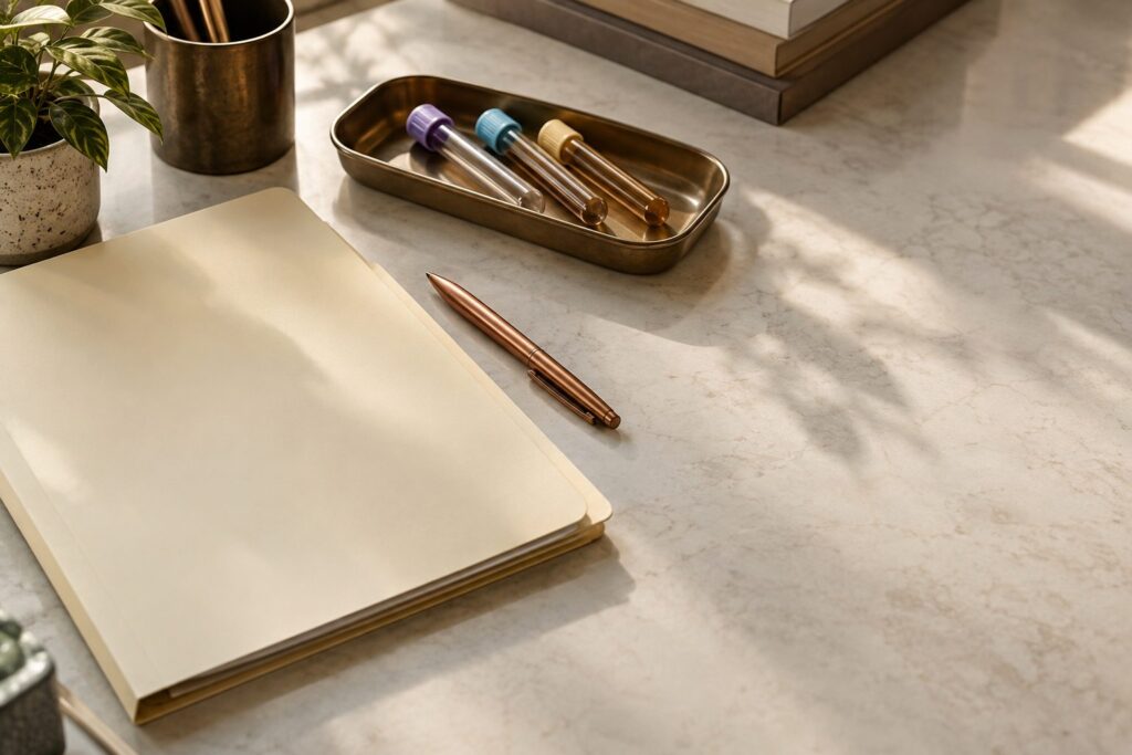 Blank laboratory folder, sealed sample tubes and copper pen on a clinic desk