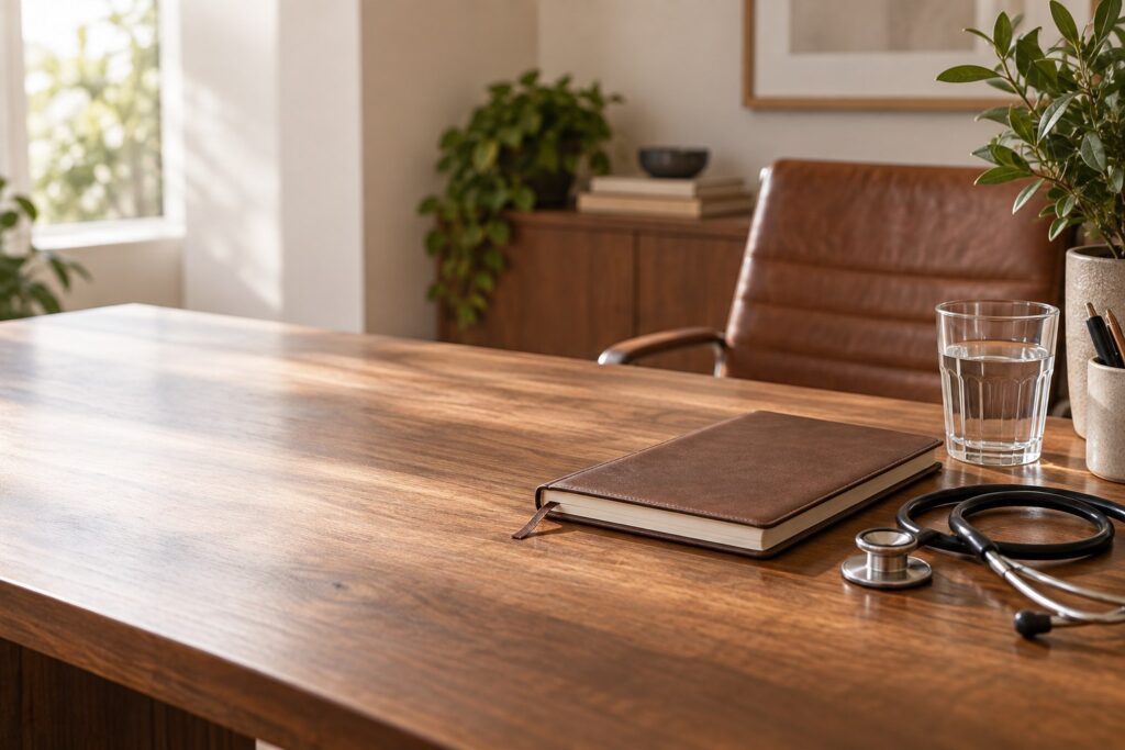 Notebook, water and stethoscope on a clinic consultation desk