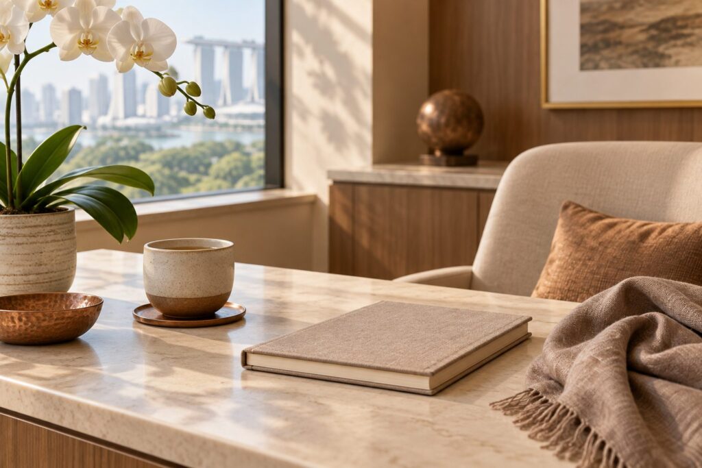Notebook, ceramic cup and orchid in a quiet consultation room