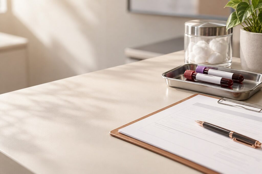 Blood sample tubes and a blank clinical report on a desk