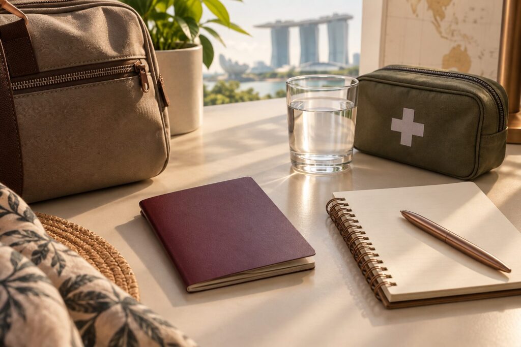 Travel bag, blank notebook and first-aid pouch beside a water glass