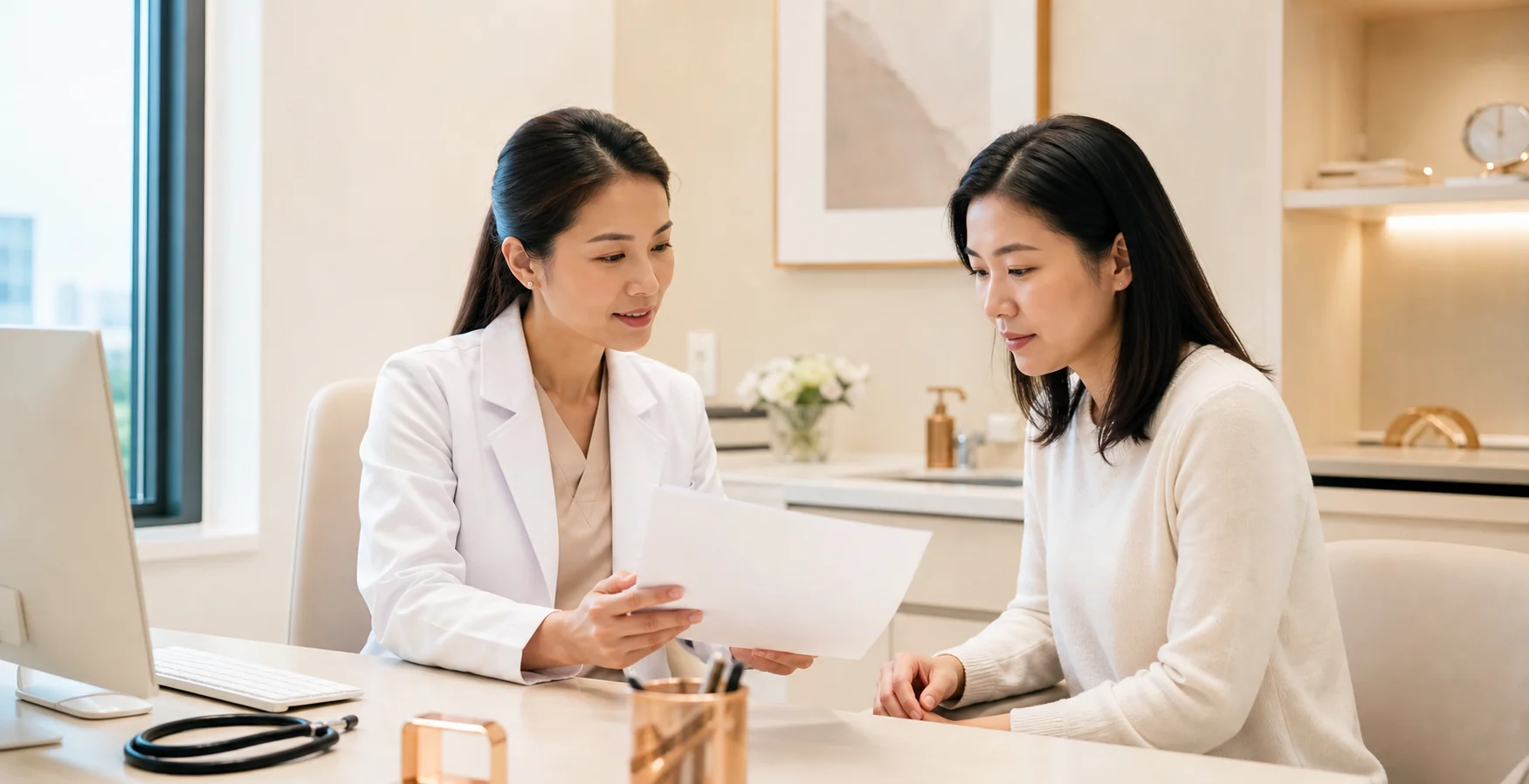 Doctor and patient reviewing health information together